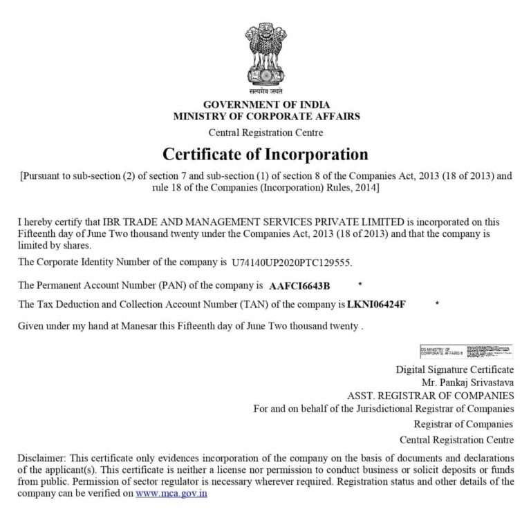 IBR India CERTIFICATE OF INCORPORATION